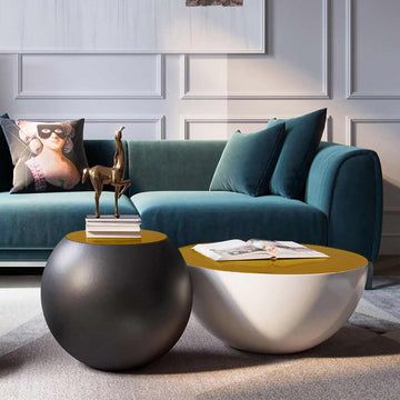 Modern Black & White Bowl-Shaped & Drum Shaped Coffe Table Set with Round Brown Top